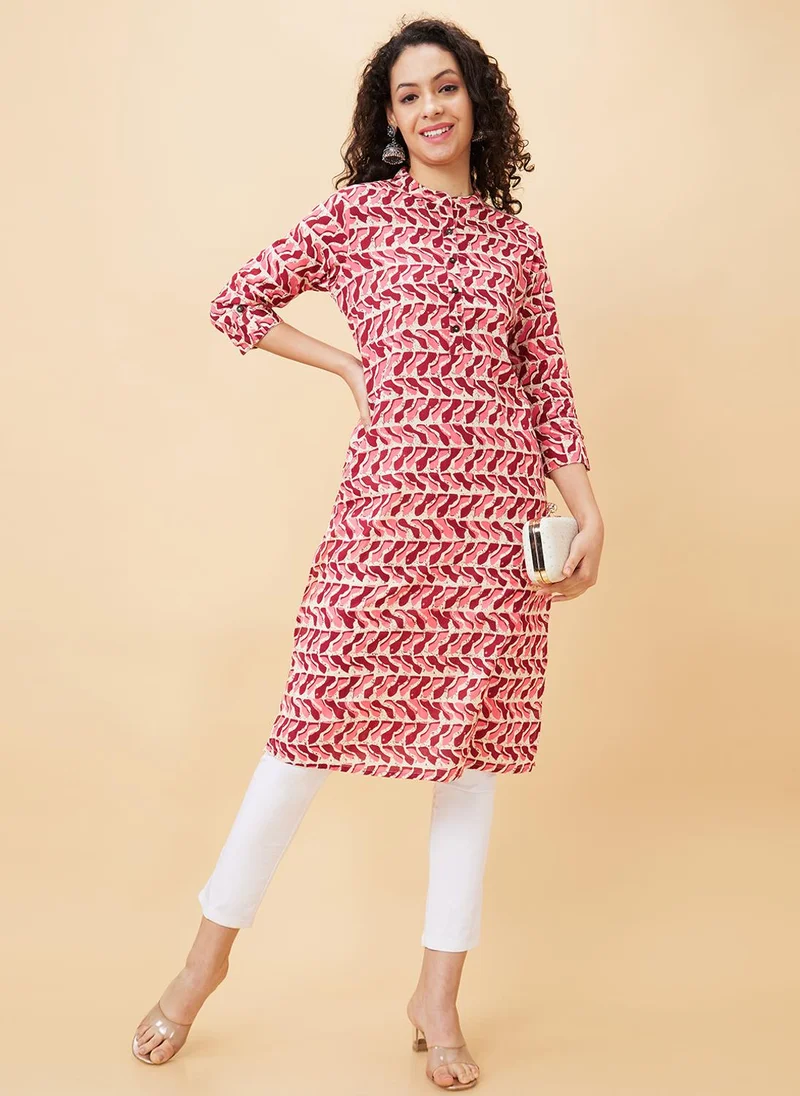 globus Globus Women Pink Geometric Printed Mandarin Collar Cotton Regular Kurta